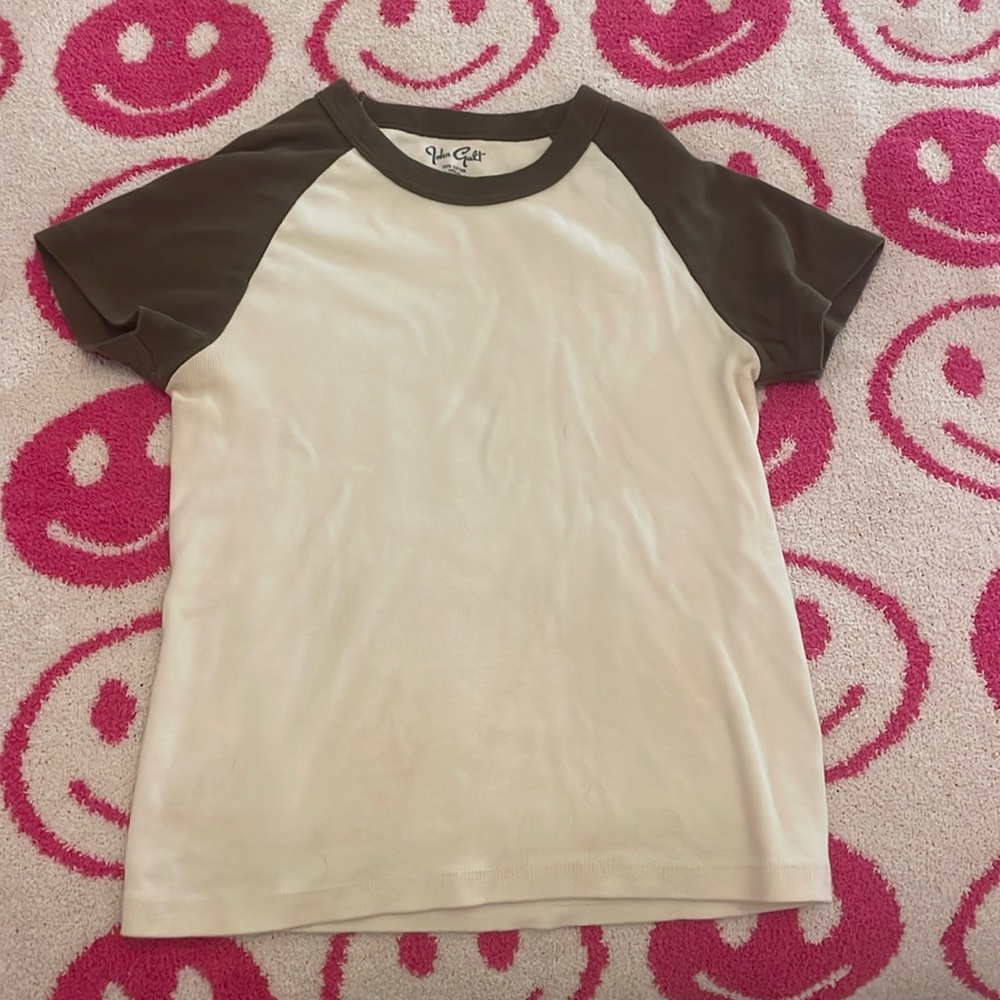 Brandy Melville Cream and Brown Short Sleeve Tee